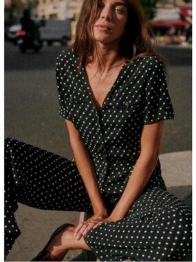 Sezane Ryan Polka Dot Jumpsuit Black White V-Neck Wide Leg Size 36 / US 4